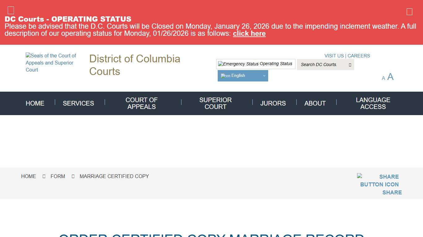 Marriage Certified Copy District of Columbia Courts